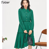 Women Dress 2022 Autumn Long Sleeves Pointed Collar High Waist Green Long Skirt Elegant Vintage Midi