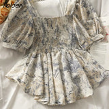 Women Temperament Students Trendy Top Travel Square Collar Friends Folds Teens Floral Summer All-match Outdoor Tender