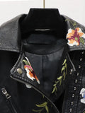 VAREY LIN Spring Women Floral Print Embroidery Faux Leather Jacket Turn-down Collar Pu Motorcycle Black Punk