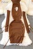 Women Sexy Sweater Dress Open Chest Backless Ribbon Strap Tops Turtleneck Long Sleeve Lacing Up Bodycon Knit Bandage