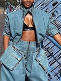 Toloer 2024 New Niche Design Feel Tooling Wind Denim Jacket Women's High Waist Loose Show Thin Short Jacket-Outfit