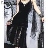 Spaghetti Strap Backless Velvet Woman Long Gothic Cross Dress Black Lace Patchwork Dress Style Maxi Harajuku Emo