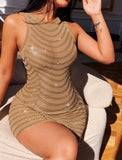 Nude Beaded Mesh Sleeveless Mini Bodycon Club