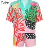 Casual Print Tuen Down Collar Shirt and Shorts Two Piece Set Loose Streetwear Fashion Beach Holidays Shirt Top