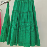 Boho Elegant White Long Skirt Women Hook Flower Hollow Folds Hem High-waisted Skirts Casual Holiday Female Clothes