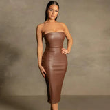 Toloer Color PU Leather Fashion Temperament Slim After The Chest Burst Sexy Long Dress-Outfit