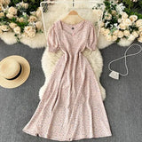 Boho Women Floral Printed dress V neck Puff-Sleeve dresses summer Ruffles beach midi