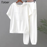 Women's Suits Oversized Hooded T-shirt Casual Sports Short Sleeve Tshirt Elastic Trousers Two Piece Sets 2022 Spring Summer