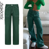 Rockmore Brown Vintage Baggy Jeans Women 90s Streetwear Pockets Wide Leg Cargo Pants Low Waist Straight Denim Trousers
