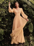 Dress New Long-Sleeved Chiffon Sexy Temperament Deep V Side Button Bridesmaid