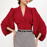 2022 Fashion All-match Lantern Sleeve Ladies Shirt Vintage Long Sleeve Fitted Female Shirts Blusas Chic