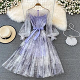Sexy Mesh Printed Dress Women Spring Autumn Round Neck Puff Long Sleeve Ink Pattern A-Line Big Swing Vestidos Female 2022