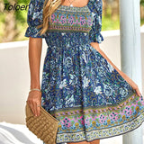 Floral Print Short Dress Women Casual Blue Puff Sleeve Boho Beach Dress Fashion Square Collar New In Dresses