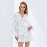 Solid Color Ruffle Summer Dress For Women V Neck Flare Sleeve High Waist Bowknot Dresses Female Fashion New