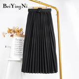 2020 Casual Belted Pleated Skirt Woman Midi Fashion Elegant Retro Chic Skirt Female Harajuku Spring Summer Faldas