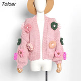 Bohemian Women Cardigan Tops three-dimensional Pattern Hand knitted Sweater V-Neck Puff Sleeve Loose Winter Sweaters