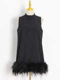 Summer Fashion Mini Dress For Women Round Neck Sleeveless Patchwork Feathers Loose Dresses Female 2023 Clothing