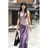 Sexy Pure Lusty Purple V-Neck Hanging Neck Sling Vest With Hip Skirt Two-Piece Suit Girl Summer