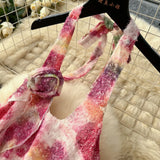 Three-Dimensional Flowers Hanging Neck Slings Loose Short A-Shaped Dress Women's Lotus Leaf Side Vacation