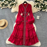 Elegant Temperament Dress Female Heavy Industry Hot Diamond Lace To Receive Waist Thin Lantern Sleeves Side