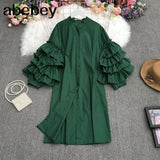 New Summer Fashion All-match stand collar puff sleeve Dress multi layer Ruffles loose Shirt