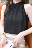 Temperament Ladies Tops Summer Chiffon Women Blouses O-neck Sleeveless White Shirts 2023 Blusas De Mujer Fashion Korean
