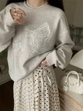 Round Neck Embroidered Bow Pullover Sweatshirt-Outfit