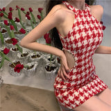 Hit Color Houndstooth Dress Women Sexy Pearls Beaded Hollow Out Waist Dresses 2023 Summer Sleeveless Bodycon