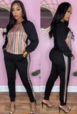 Stripes Patch Black Long Sleeve Top And Pants 2 Piece
