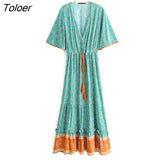 Vintage Print Maxi Dress Waist tie Ruffle Hem Boho Dresses Women Beach Long Dresses V-Neck Short Sleeve Summer Dress