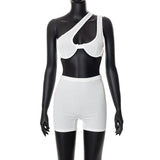 Spring Fitness Workout Women Two Piece Set Diagonal Collar Sleeveless Hollow Ribbed Top+Biker Shorts Tracksuit Sportwear