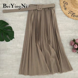 Korean Style Pleated Midi Skirt Women Casual New Fashion High Elastic Waist Skirts Black Pink Elegant Skirt Belt