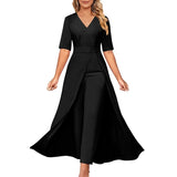 Office Lady Jumpsuit Patchwork V Neck 2023 New Summer Lace Up Women One Piece Long Trousers Solid Overalls