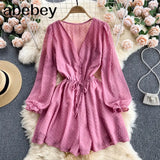 Women Dot Chiffon Rompers Long Sleeve V Neck Casual Loose Overalls Jumpsuits Summer Korean Wide Leg Beach