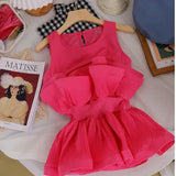 2022 Solid Color Sweet Pleated Ruffles Patchwork Shirt Women Sleeveless Slim Chiffon Blouse Top for