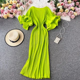 Casual Round Neck Flare Short Sleeve Pleated Long Dress Vintage High Waist Ruffles Female Vestidos New Fashion Robe Mujer