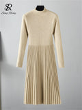 Women Knitted Pleated Dress Winter Solid Stand Neck Sweater Thick Slim Midi Long Dress 2022 Casual Soft Warm