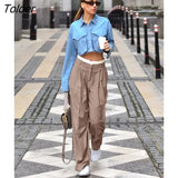Fashion Brown Women Baggy Pants Patchwork Low Waist Loose Fit Trousers Streetwear Oversized Cargo Pants Female