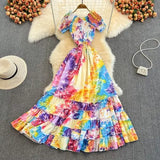 Bohemian Tie Dye Beach Long Dress Women Sexy Short Sleeve High Waist A-Line Big Swing Party Maxi Vestidos Female 2022 Summer