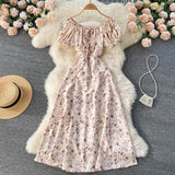 Women Floral Dress bohemian A-Line slash neck short sleeves dress summer vintage beach off shoulder Polka Dot