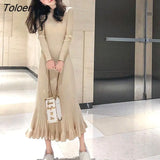 Sleeve Dress Women Slender O-neck Autumn Winter Elegant Chic Solid Midi 5-color All-match Knitted Fashion Ulzzang