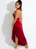 Sexy V-neck Sleeveless Solid Satin Backless Maxi