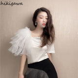 Shirts for Women Summer T Shirts O-neck Short Sleeve Tees Patchwork Gauze Fashion T-shirt Casual Korean Temperament