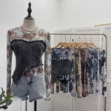 Shooting Tie-Dye Print Spliced Denim T-Shirt Girl Autumn Design Sense Irregular Hair Side Short-Sleeved Top