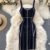Women Knitted Strap Dress Korean Sleeveless Slim Pencil Dresses V Neck Sexy Off Shoulder Bodycon Short
