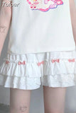 Kawaii White Mini Skirts Women Harajuku Ruffle Lace Bow Patchwork High Waist Pleated Skirt Japanese Style Soft