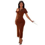 Body-Stupling Short-Sleeved Bag Hip Dress Gold Metal Buckle Open-Fork Solid Color