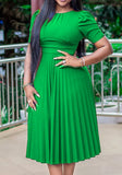 O-Neck Short Sleeves Solid Midi Pleated Plus Size Office