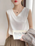 Blouse Women Sleeveless Satin 2022 Summer Basic V Neck White Blouses Sleeveless Silk Summer Clothes For Women Blouses