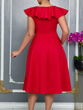 Women's V-Necked Leaf-Side Three-Dimensional Flower Dress Evening Dress Party